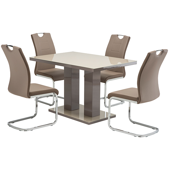 View Aarina latte gloss dining table with 4 aspin latte chairs