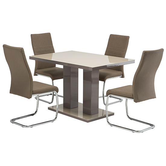 Arena Latte Gloss Dining Table With 4 Devan Taupe Chairs