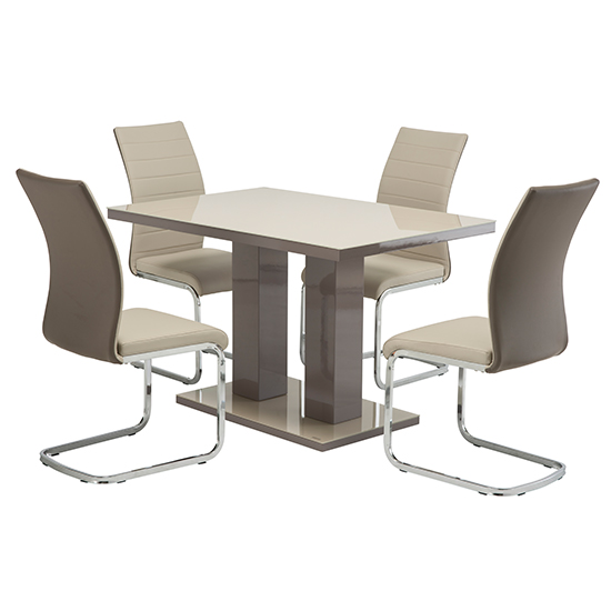 Product photograph of Aarina Latte Gloss Dining Table With 4 Joster Taupe Chairs from Furniture in Fashion