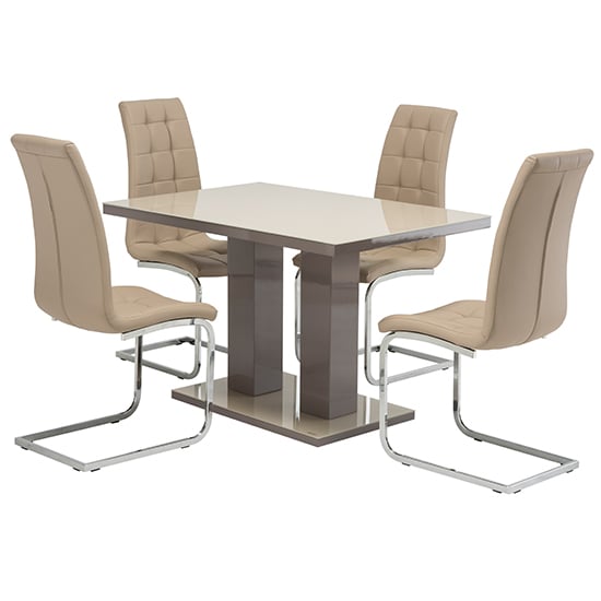 Photo of Aarina latte gloss dining table with 4 moreno taupe chairs