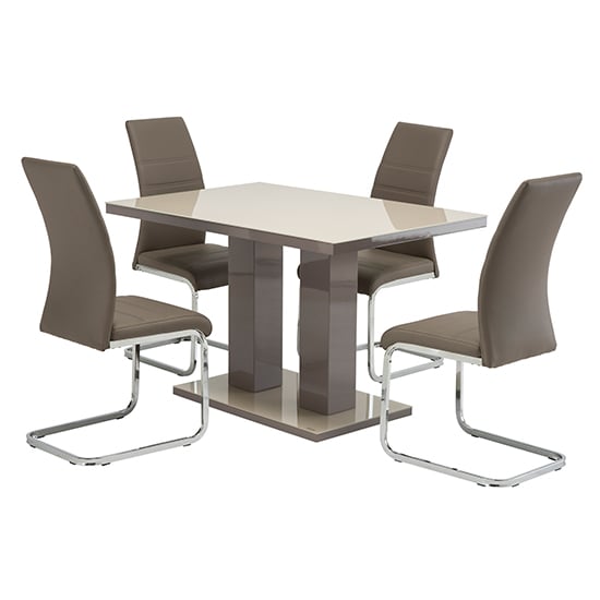 Photo of Aarina latte gloss dining table with 4 sako taupe chairs