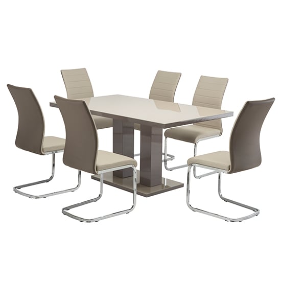 Aarina Latte Gloss Dining Table With 6 Joster Taupe Chairs_1