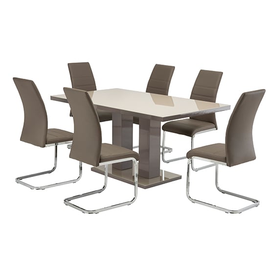 Aarina Latte Gloss Dining Table With 6 Sako Taupe Chairs_1