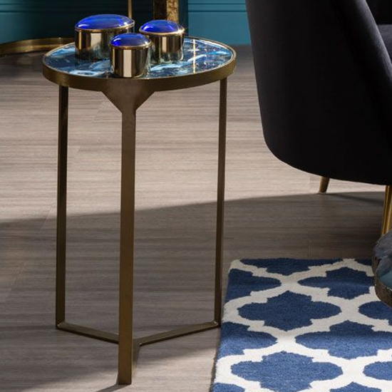 Photo of Arenza round blue agate stone side table with gold base