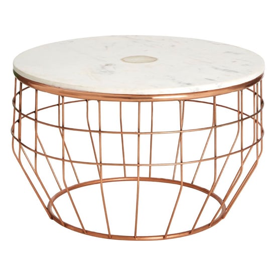 Arenza Round White Marble Coffee Table With Copper Frame