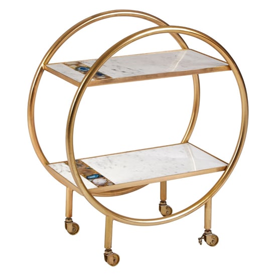 Arenza White Marble Shelves Drinks Trolley With Gold Frame_2