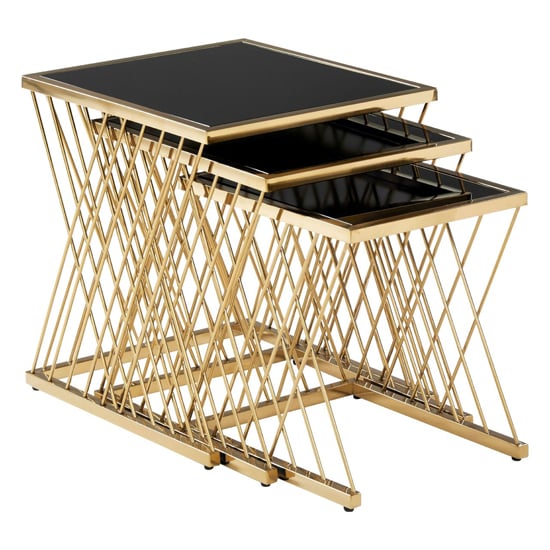 Product photograph of Arezza Black Glass Top Nest Of 3 Tables With Gold Steel Frame from Furniture in Fashion