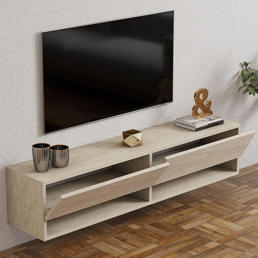 Arges Wooden Wall Mounted TV Stand in Travertine Marble Effect