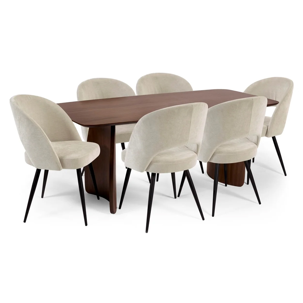 Argyle Walnut Wooden Rectangular Dining Table With Erie 6 Beige Chairs