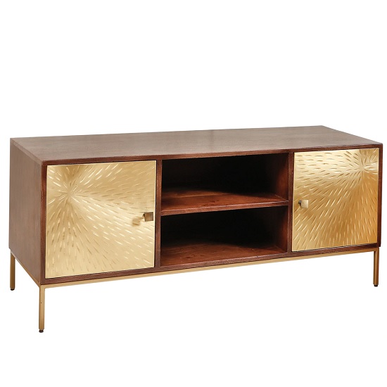 Arielle TV Stand In Dark Wood With 2 Gold Metal Doors Furniture in