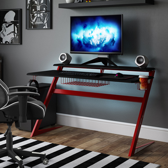 Read more about Altarnun gaming desk in black carbon fibre effect and red legs