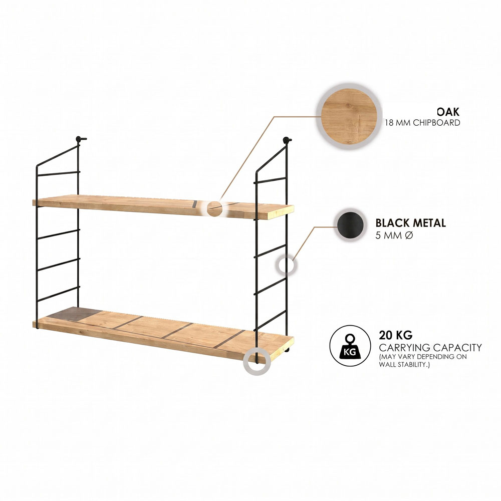 Arizona Wooden Wall Shelf with 2 Shelves in Oak