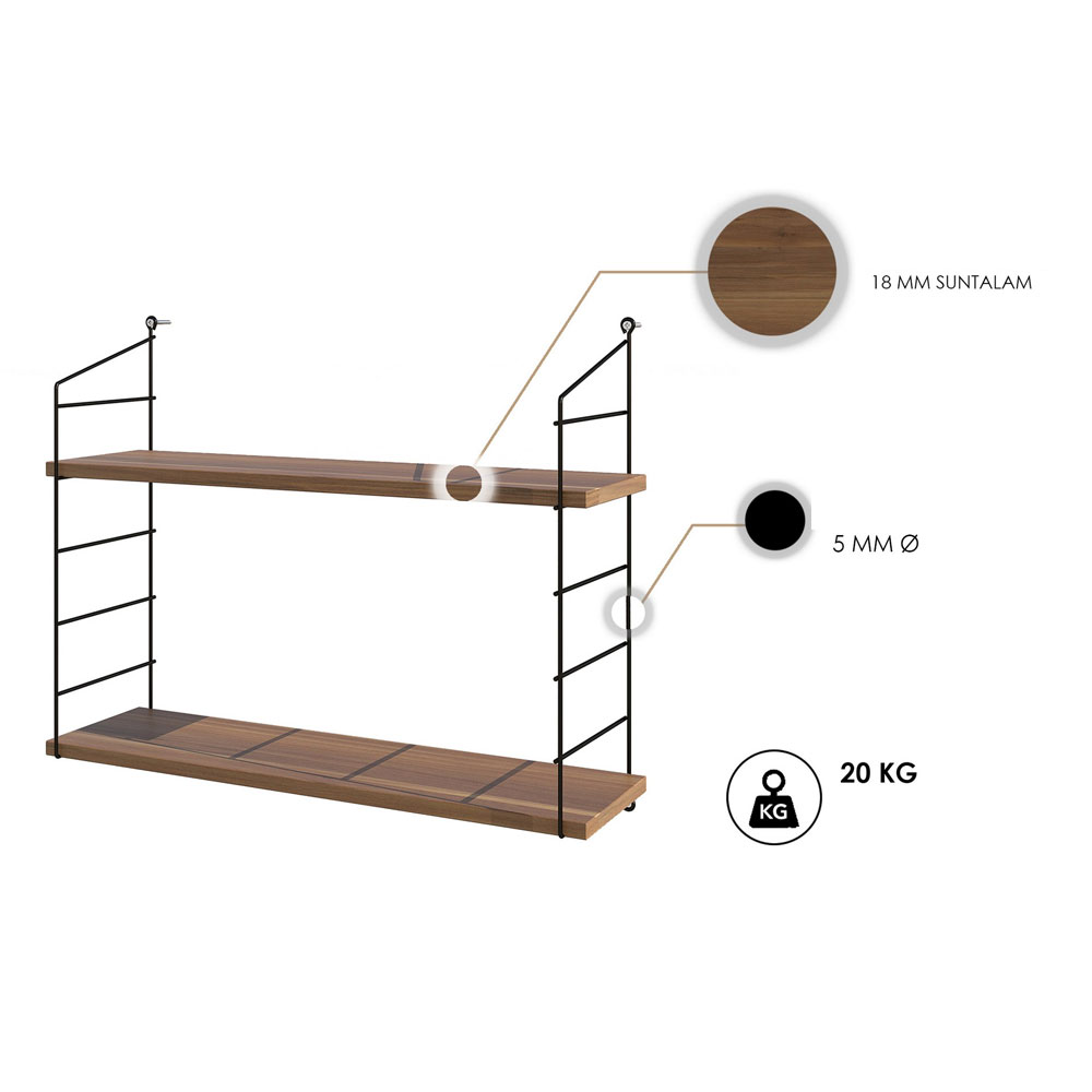 Arizona Wooden Wall Shelf with 2 Shelves in Walnut