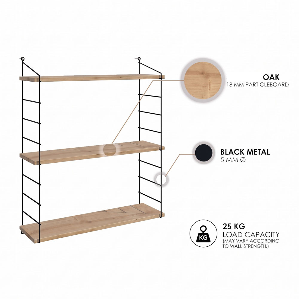Arizona Wooden Wall Shelf with 3 Shelves in Oak