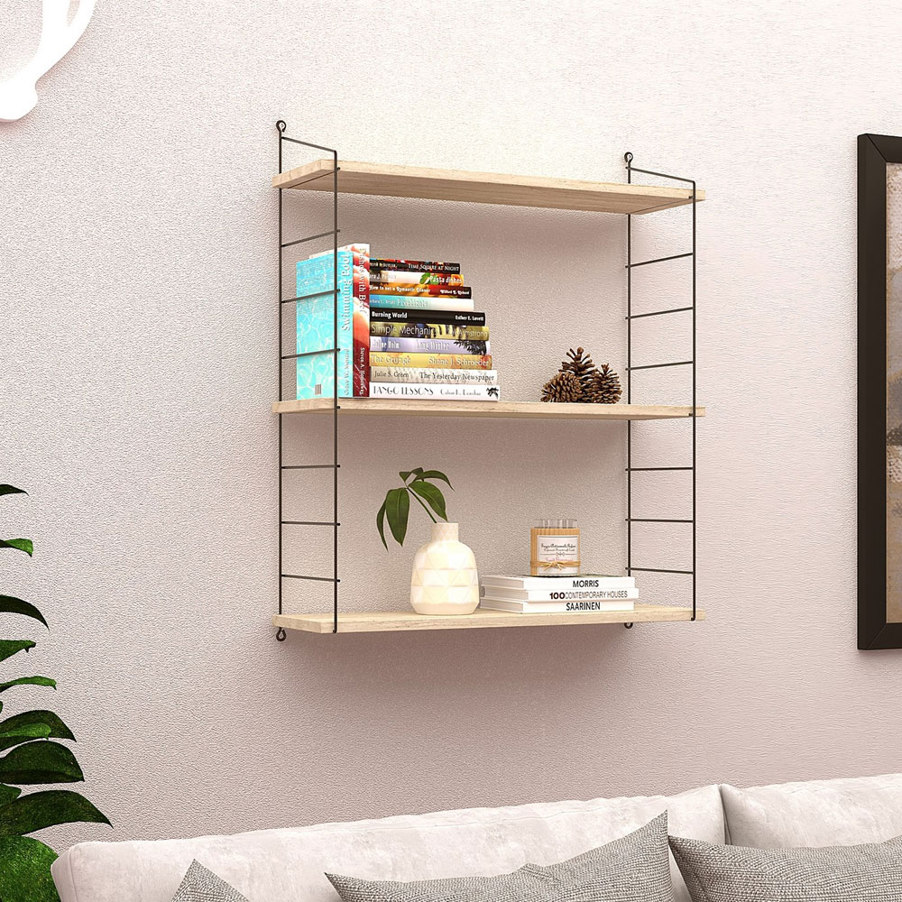 Arizona Wooden Wall Shelf with 3 Shelves in Travertine Marble Effect