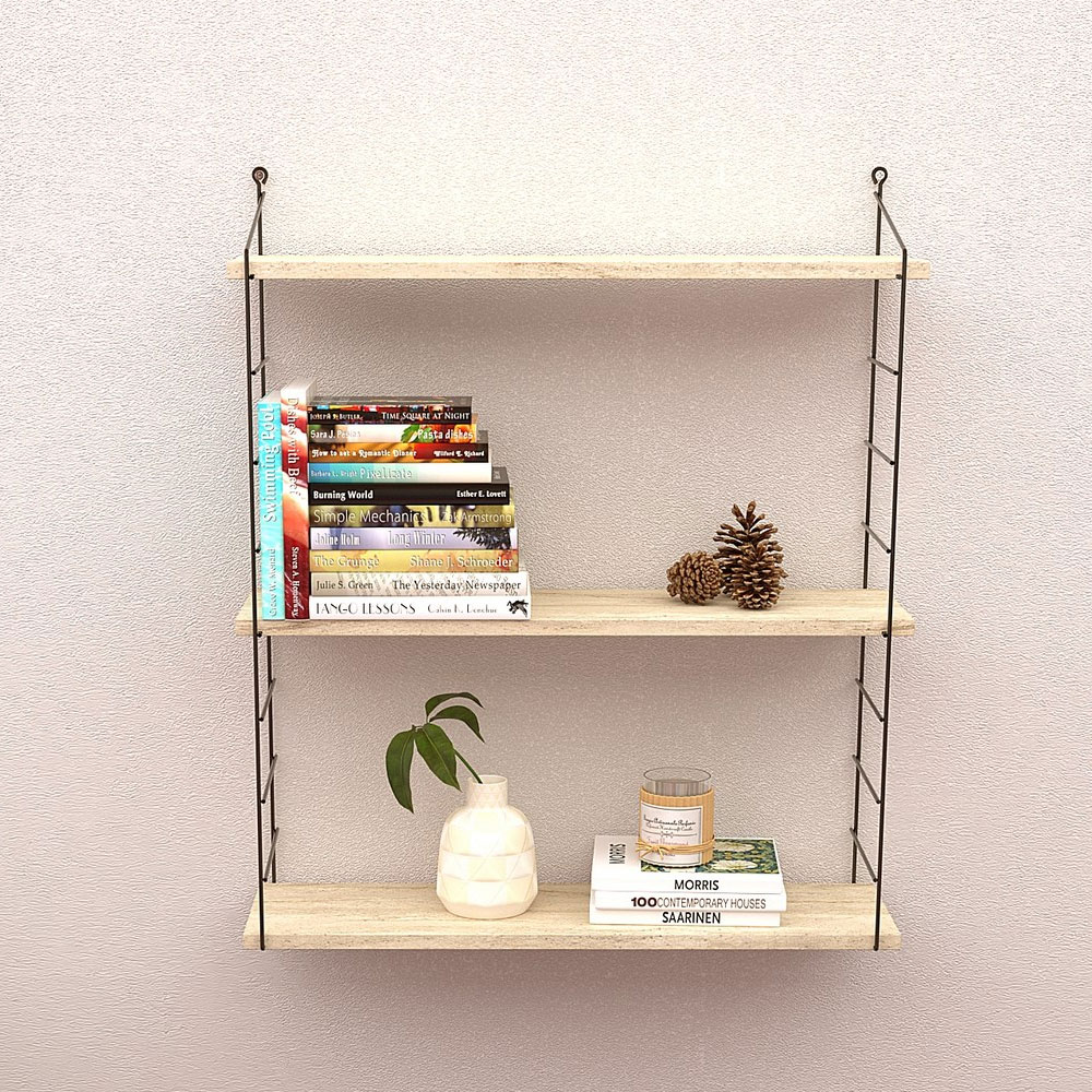 Arizona Wooden Wall Shelf with 3 Shelves in Travertine Marble Effect