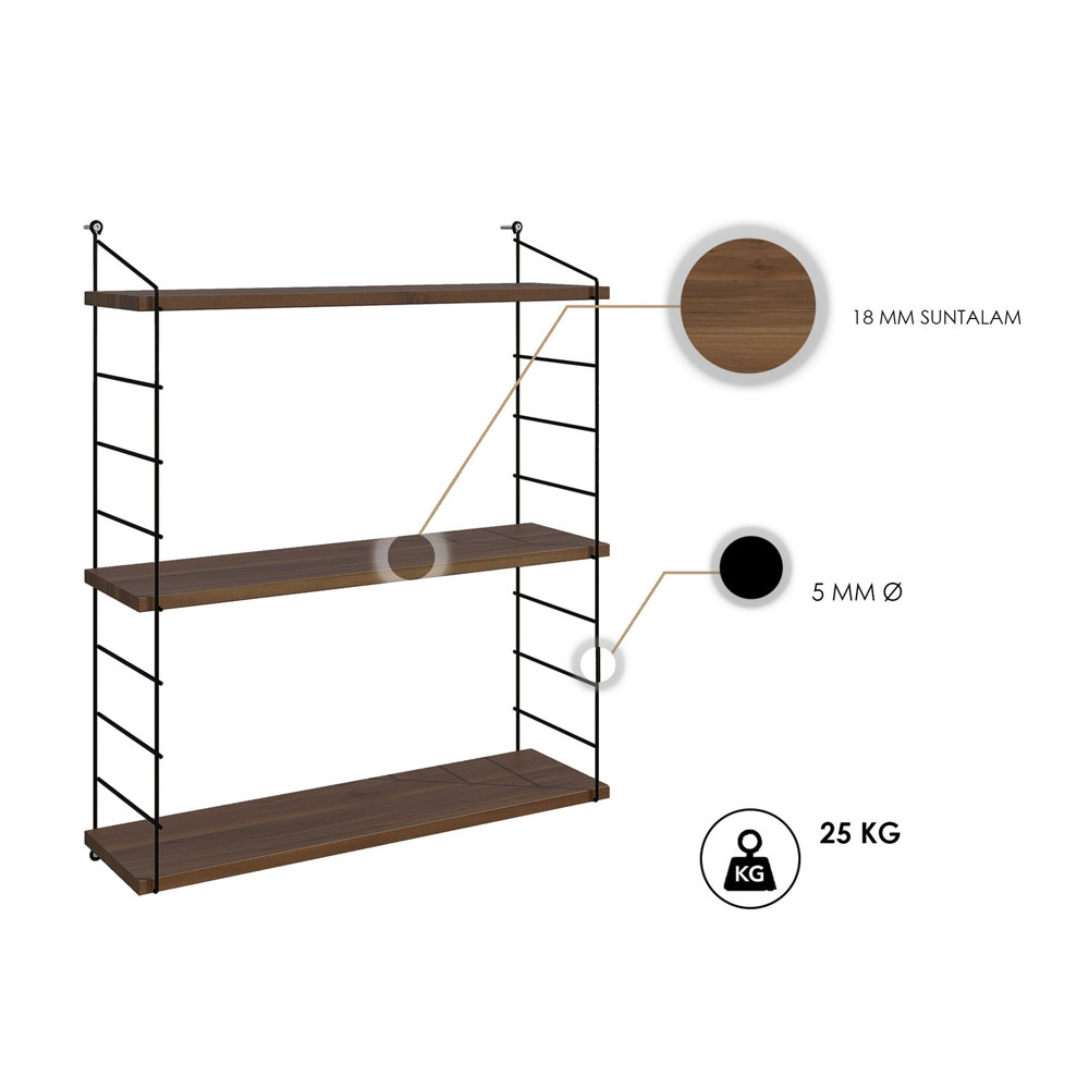 Arizona Wooden Wall Shelf with 3 Shelves in Walnut