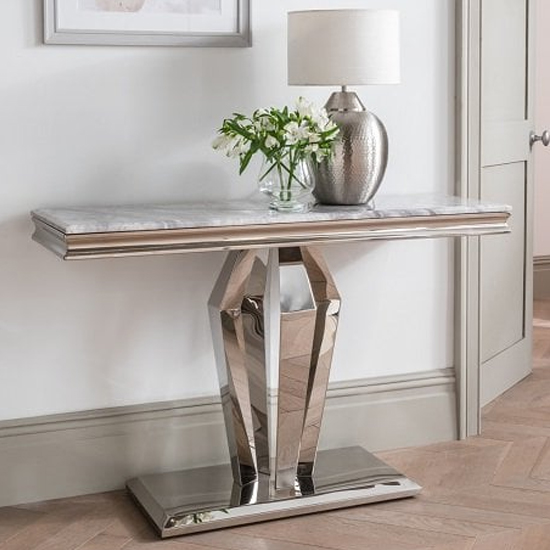 Photo of Arleen marble console table with stainless steel base in grey