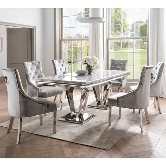 View Arleen medium marble dining table with 6 bevin pewter chairs