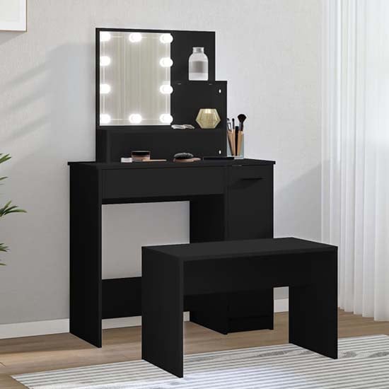 Arles Wooden Dressing Table Set In Black With LED