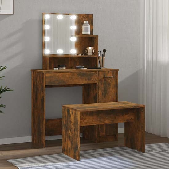 Product photograph of Arles Wooden Dressing Table Set In Smoked Oak With Led from Furniture in Fashion