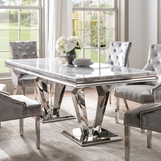 Arlesey Marble Dining Table In Grey With Stainless Steel Legs Arlesey Marble Dining Table In Grey With Stainless Steel Legs