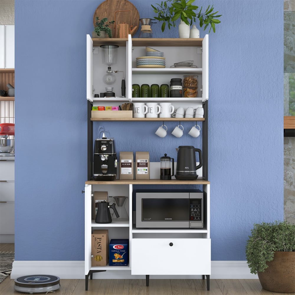 Arlivo Tall Wooden Coffee Station Cabinets with 4 Doors 1 Drawers in White and Walnut
