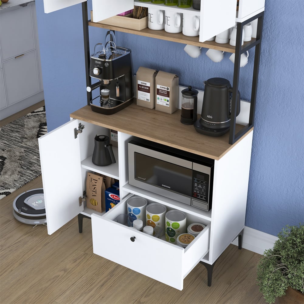 Arlivo Tall Wooden Coffee Station Cabinets with 4 Doors 1 Drawers in White and Walnut