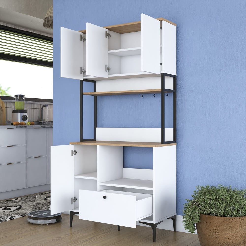 Arlivo Tall Wooden Coffee Station Cabinets with 4 Doors 1 Drawers in White and Walnut