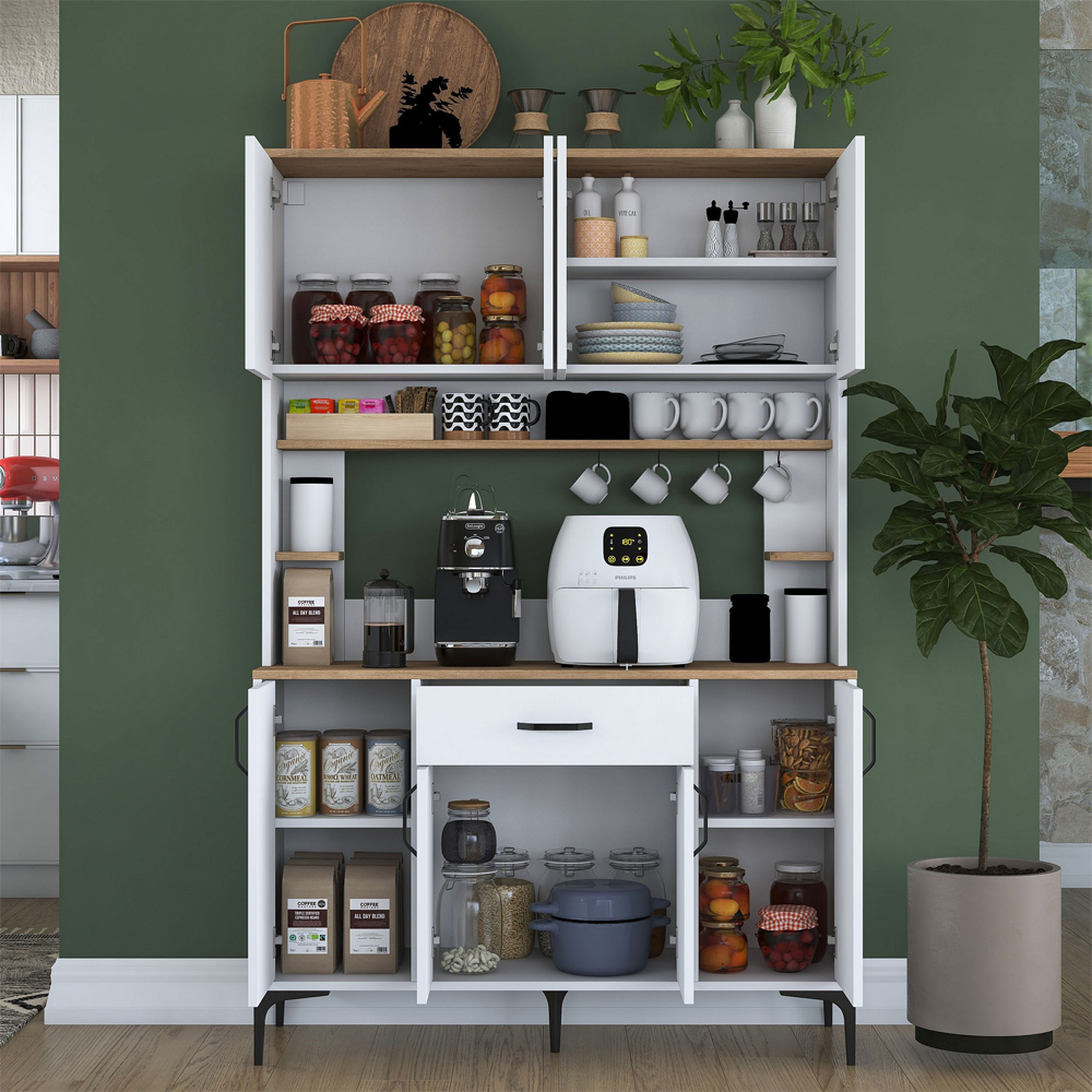 Arlivo Wide Wooden Coffee Station Cabinets with 8 Doors 1 Drawers in White and Walnut