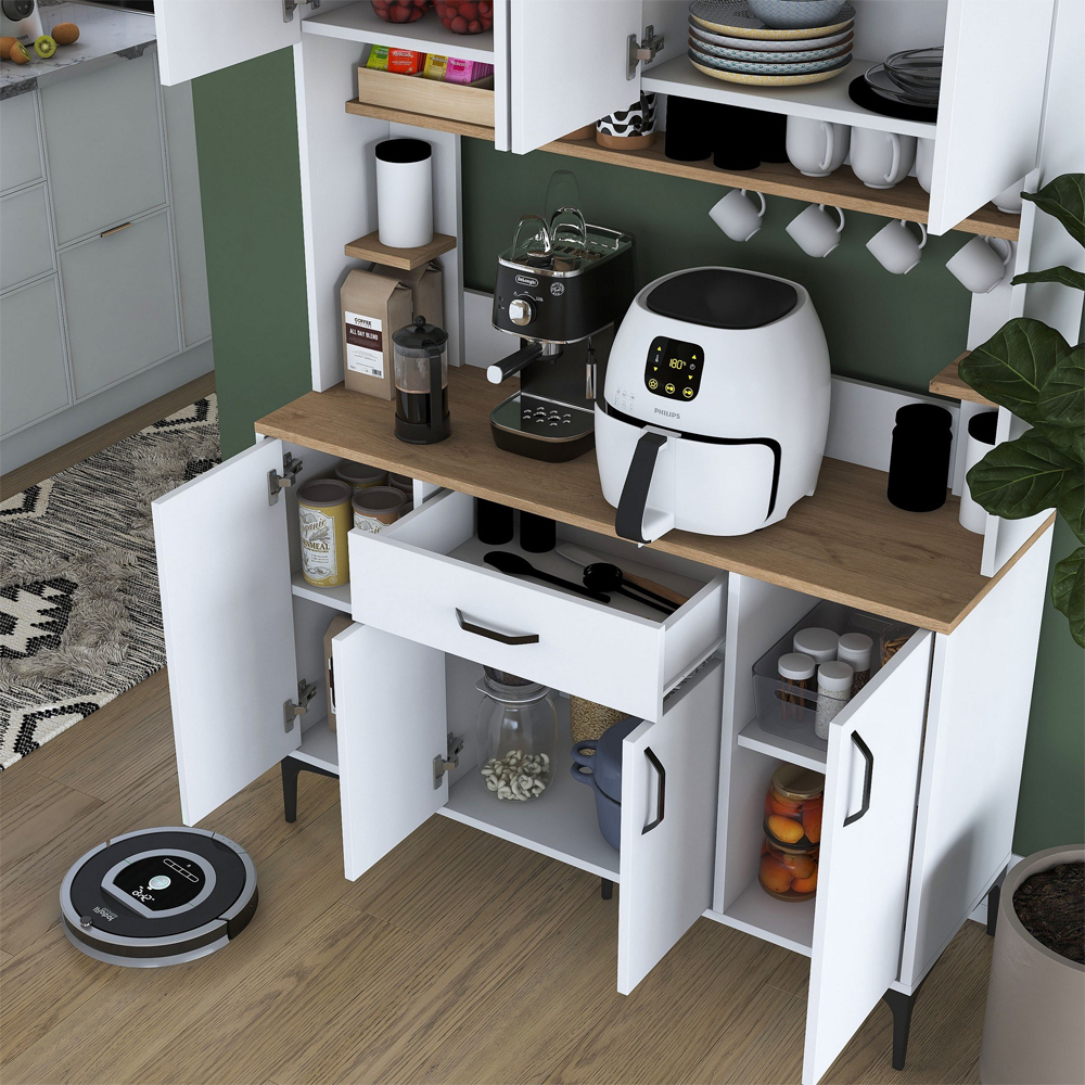 Arlivo Wide Wooden Coffee Station Cabinets with 8 Doors 1 Drawers in White and Walnut