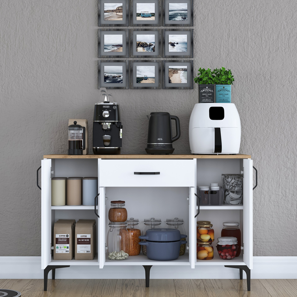 Arlivo Wooden Coffee Station Cabinets with 4 Doors 1 Drawers in White and Walnut