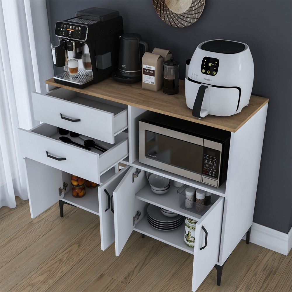 Arlivo Wooden Coffee Station Cabinets with 4 Doors 2 Drawers in White and Walnut