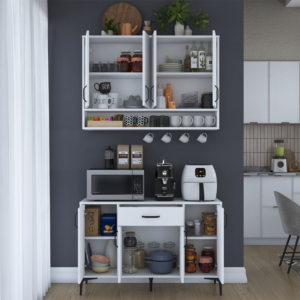 Arlivo Wooden Coffee Station Cabinets with Wall Cabinet in White and Black