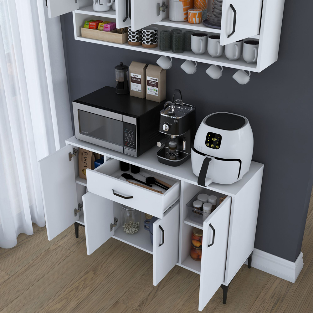 Arlivo Wooden Coffee Station Cabinets with Wall Cabinet in White and Black