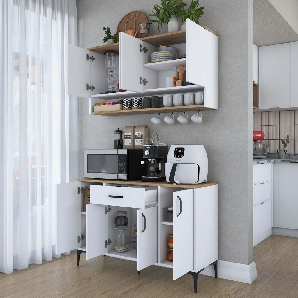 Arlivo Wooden Coffee Station Cabinets with Wall Cabinet in White and Walnut