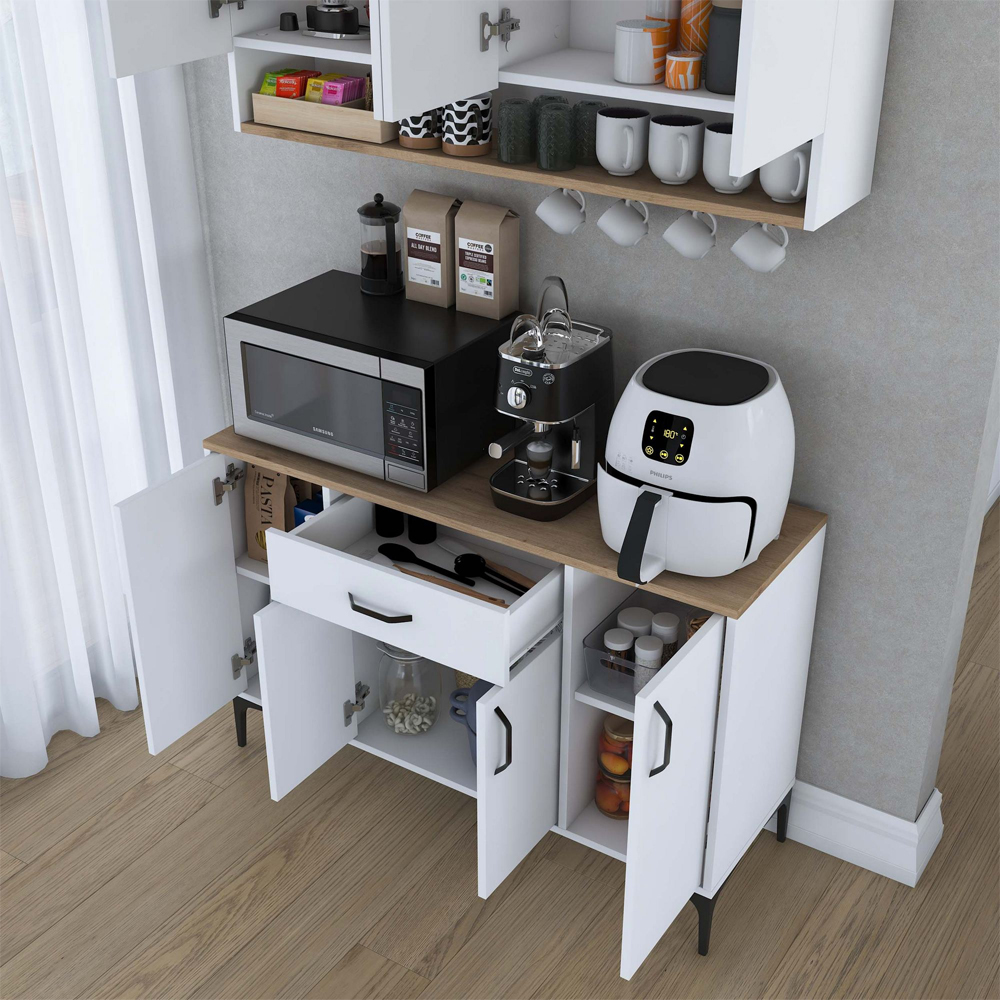 Arlivo Wooden Coffee Station Cabinets with Wall Cabinet in White and Walnut