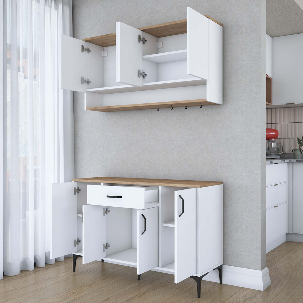 Arlivo Wooden Coffee Station Cabinets with Wall Cabinet in White and Walnut