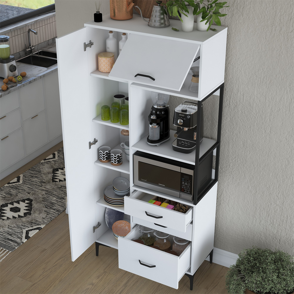 Arlivo Wooden Coffee Station Cabinets with 2 Doors 3 Drawers in White
