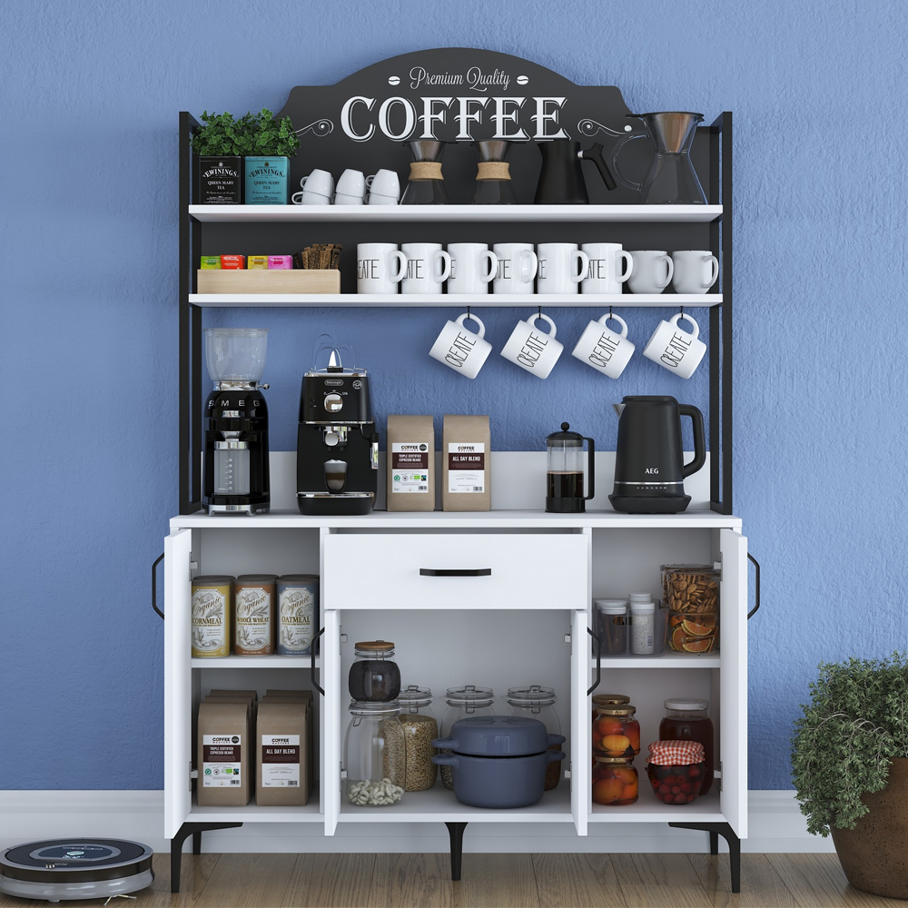 Arlivo Wooden Coffee Station Cabinets with 4 Doors 2 Shelf in White