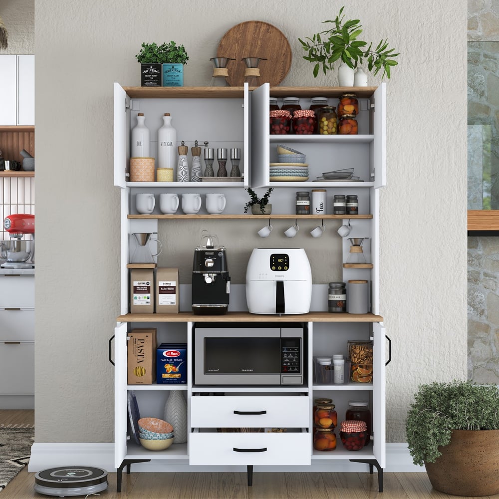 Arlivo Wooden Coffee Station Cabinets with 6 Doors 2 Drawers in White and Walnut