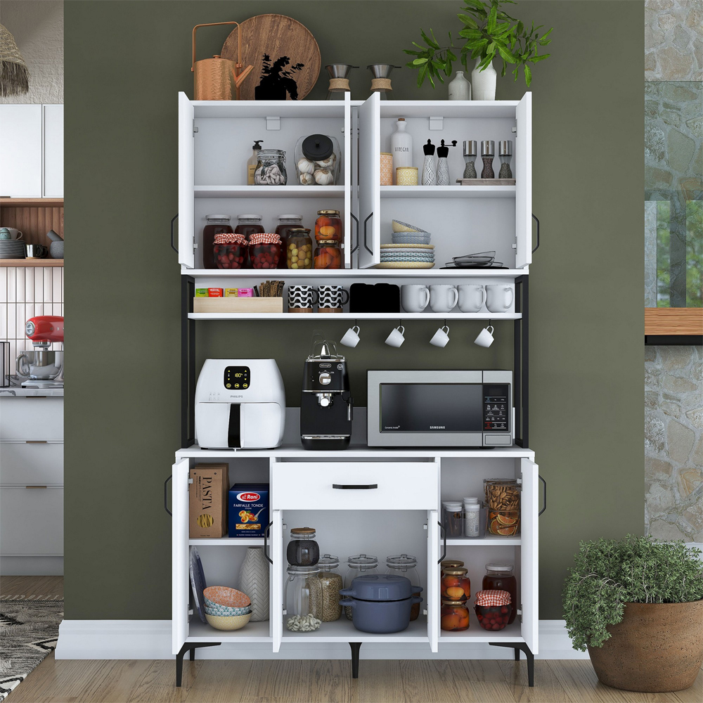 Arlivo Wooden Coffee Station Cabinets with 8 Doors 1 Drawers in White and Black