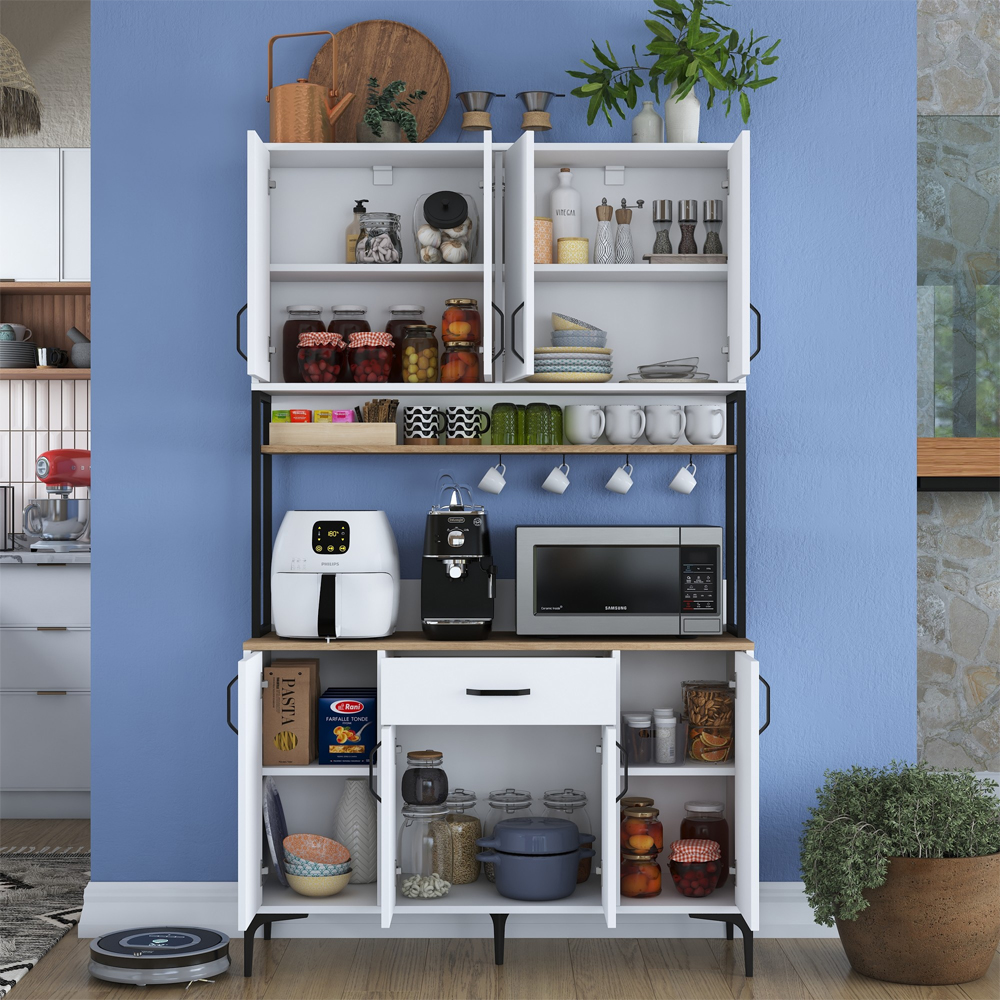 Arlivo Wooden Coffee Station Cabinets with 8 Doors 1 Drawers in White and Walnut