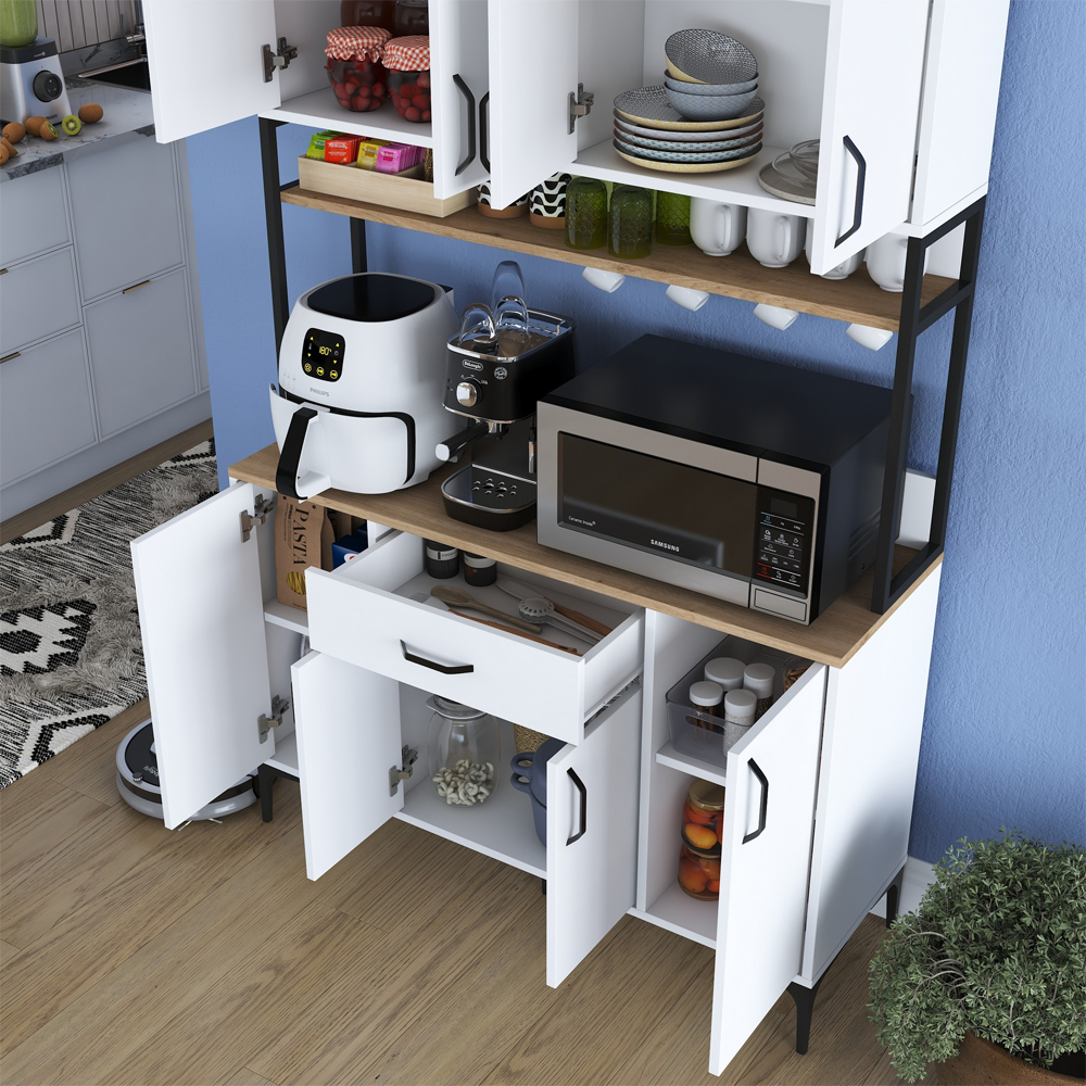 Arlivo Wooden Coffee Station Cabinets with 8 Doors 1 Drawers in White and Walnut