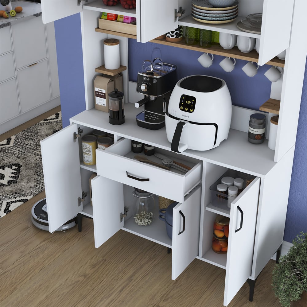 Arlivo Wooden Coffee Station Cabinets with 8 Doors 1 Drawers in White