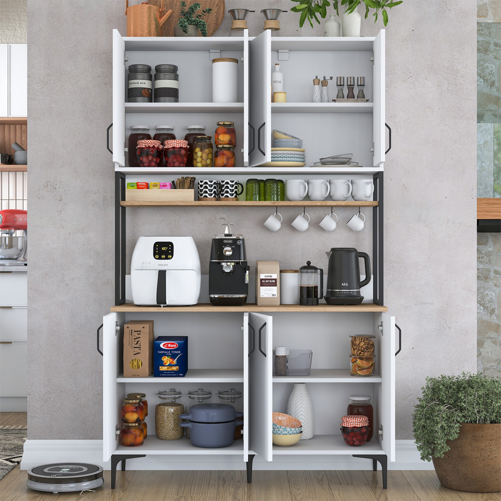 Arlivo Wooden Coffee Station Cabinets with 8 Doors 1 Walnut Shelf in White
