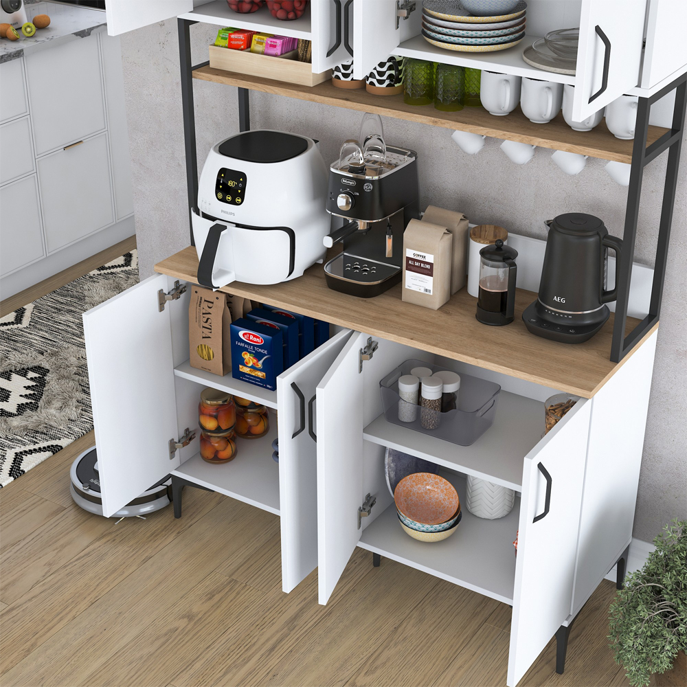 Arlivo Wooden Coffee Station Cabinets with 8 Doors 1 Walnut Shelf in White
