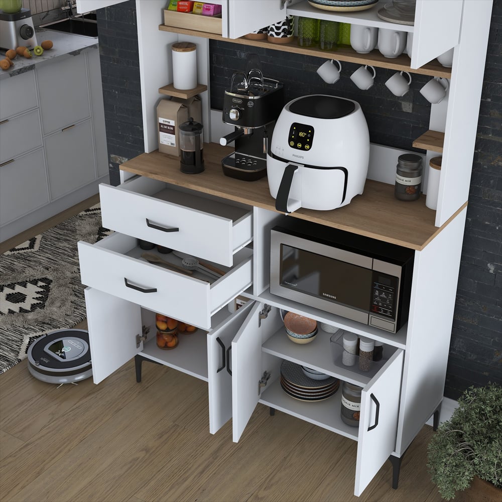 Arlivo Wooden Coffee Station Cabinets with 8 Doors 2 Drawers in White and Walnut
