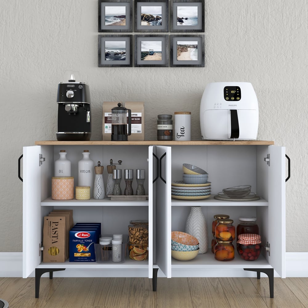 Arlivo Wooden Coffee Station Cabinets with 4 Doors in White and Walnut