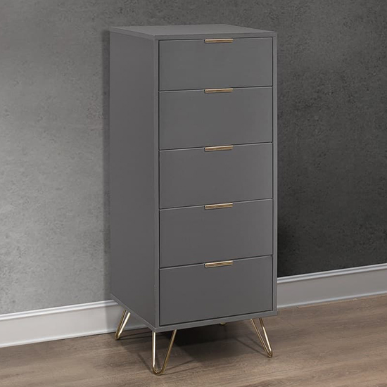 Photo of Aral narrow wooden chest of 5 drawers in charcoal